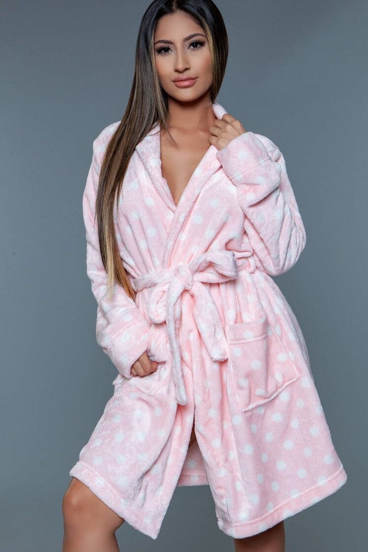 Pink Polka Dots Mid-Length Plush Robe-Gowns + Robes-BeWicked-Pink-S/M-SEXYSHOES.COM