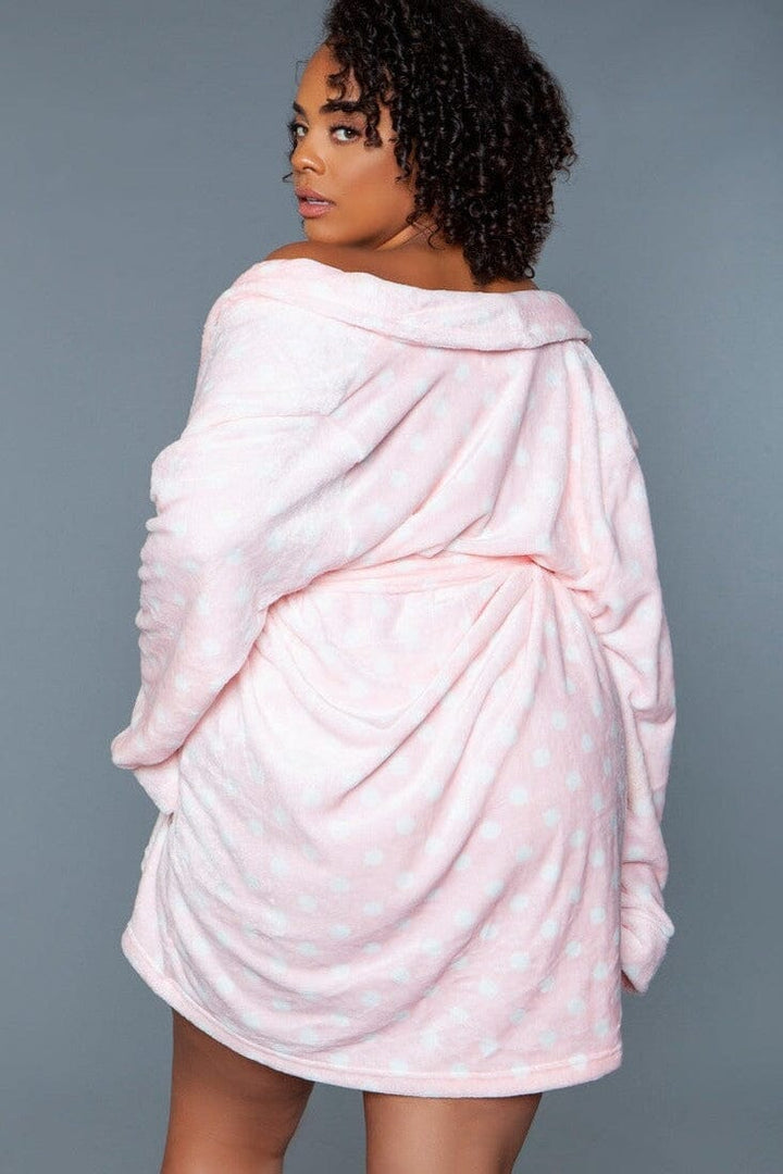 Pink Polka Dots Mid-Length Plush Robe-Gowns + Robes-BeWicked-SEXYSHOES.COM