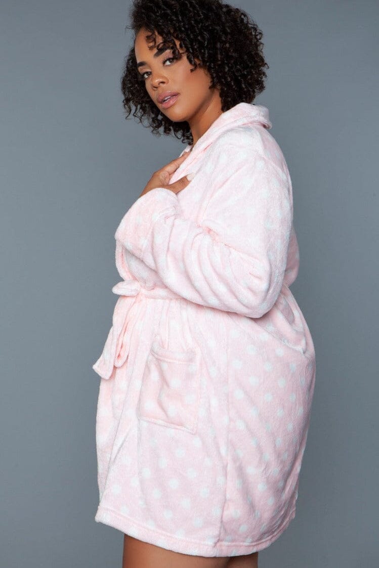 Pink Polka Dots Mid-Length Plush Robe-Gowns + Robes-BeWicked-SEXYSHOES.COM