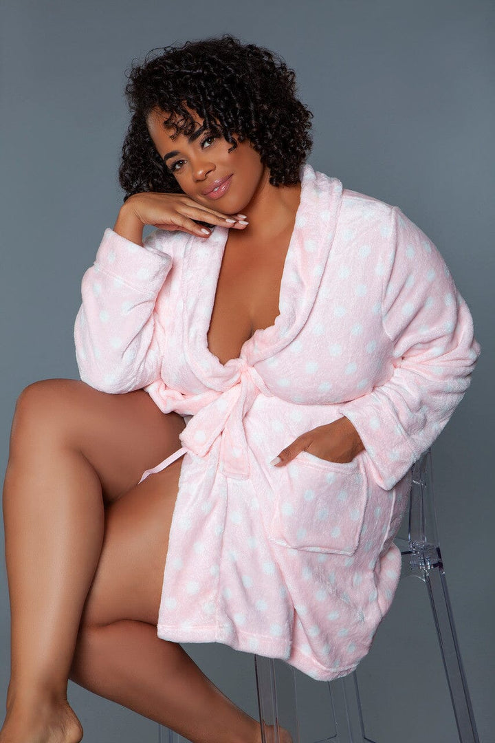 Pink Polka Dots Mid-Length Plush Robe-Gowns + Robes-BeWicked-SEXYSHOES.COM