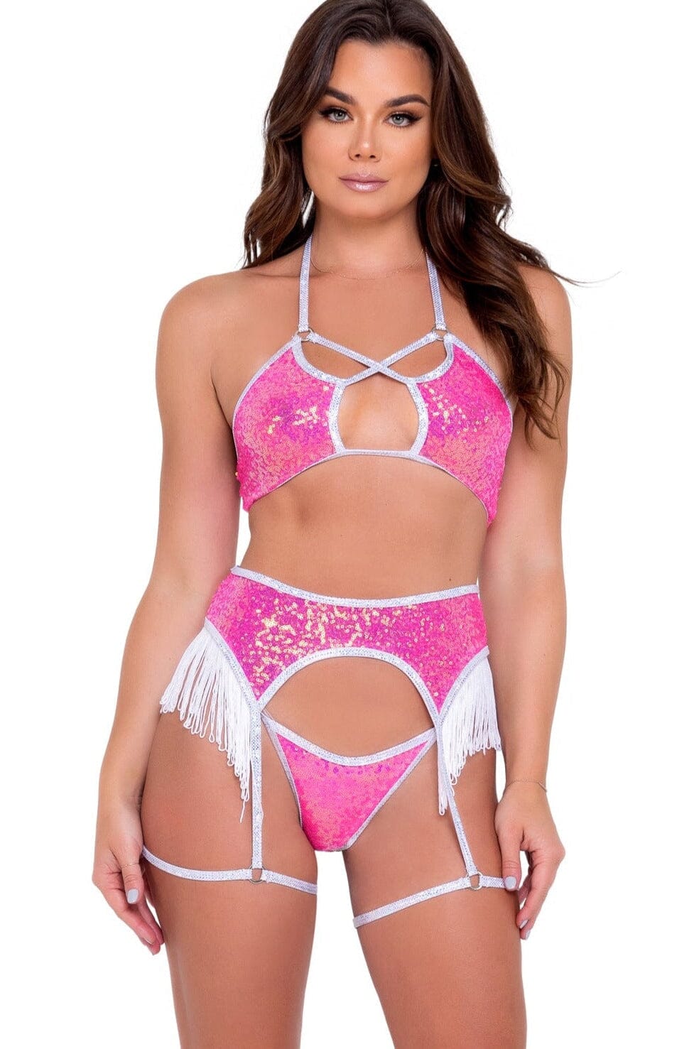 Pink Sequin Garter Belt with Fringe-Garter Belts-Roma Dancewear-Fuchsia-L-SEXYSHOES.COM