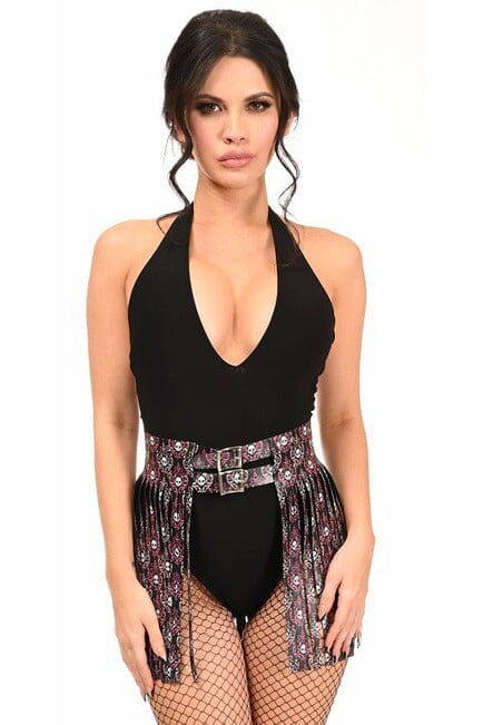 Daisy Corsets Pink & White Skulls Faux Leather Fringe Skirt in Pink  from SexyShoes.com