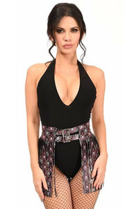 Daisy Corsets Pink & White Skulls Faux Leather Fringe Skirt in Pink  from SexyShoes.com