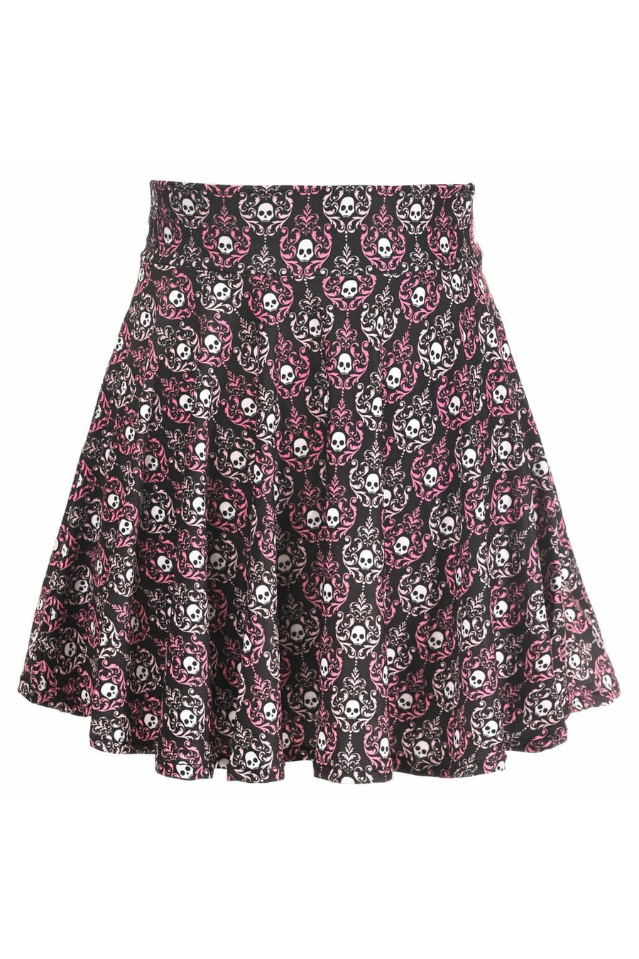 Daisy Corsets Pink & White Skulls Stretch Lycra Skirt in Pink  from SexyShoes.com
