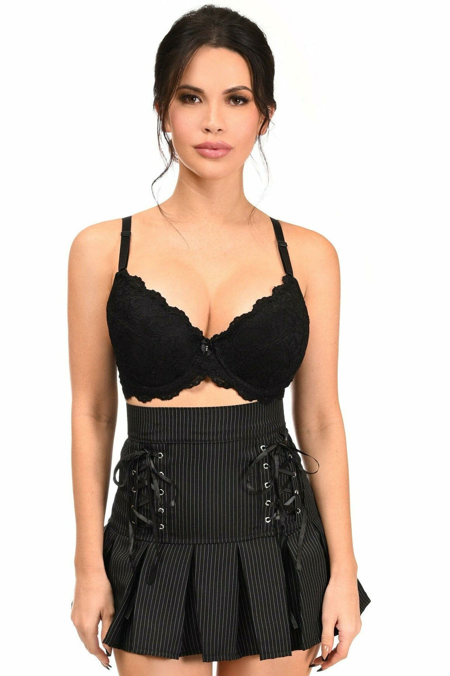 Pinstripe Lace-Up Mini Skirt-Mini Skirts-Daisy Corsets-Black-S-SEXYSHOES.COM