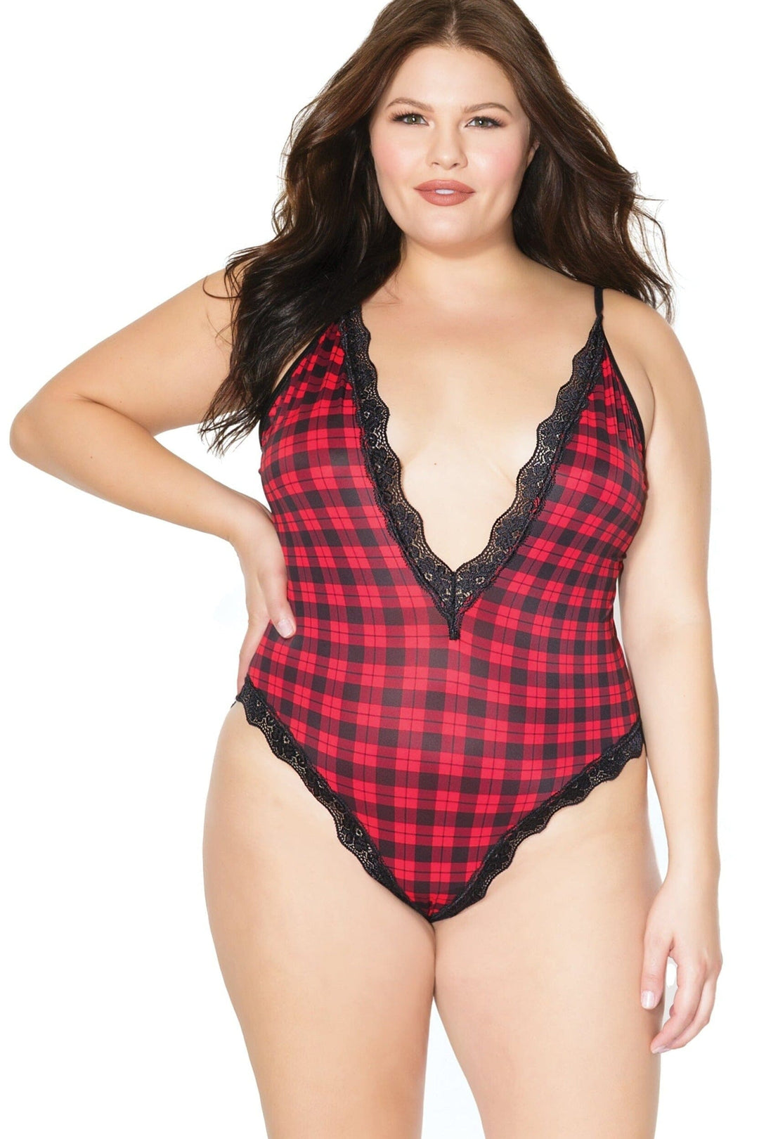 Plaid Knit Teddy With Cage Detail | Plus Size-Teddies-Coquette-Red-Q-SEXYSHOES.COM