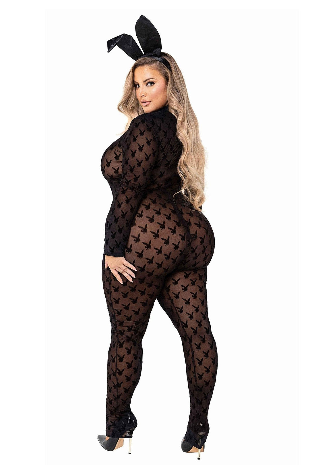 Roma Costumes Playboy Bunny Plus Size Sheer Bodystocking in Black 