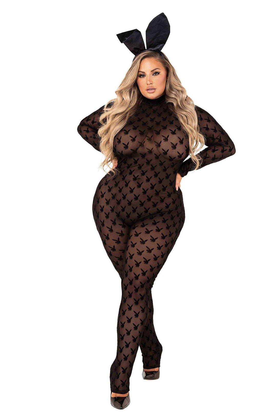 Roma Costumes Playboy Bunny Plus Size Sheer Bodystocking in Black 