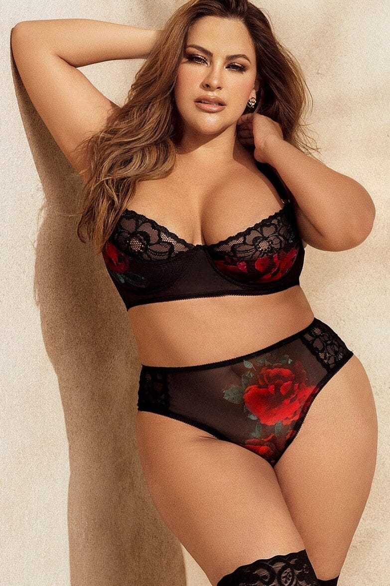 Plus Red Rose Print Set-Lingerie Sets-Mapale-Black-1/2X-SEXYSHOES.COM