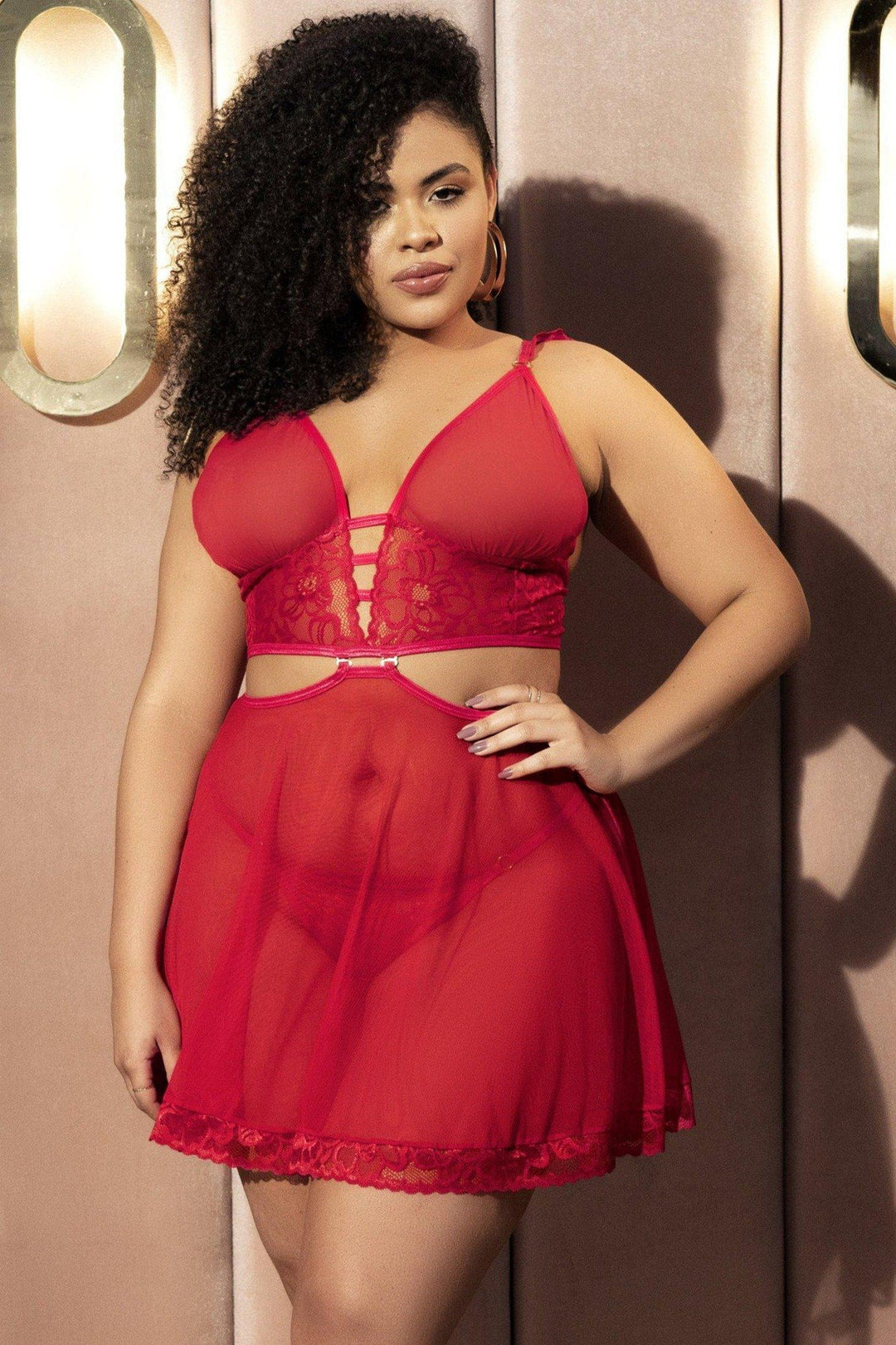 Mapale Plus Size Babydoll and Bra Set in Red  from SexyShoes.com