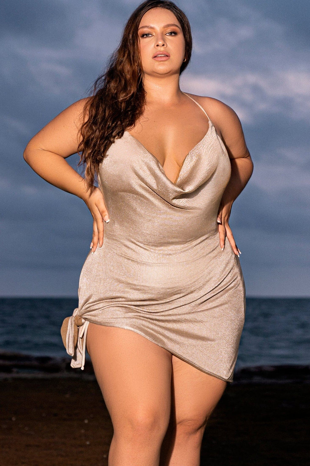 Plus Size Cowl Neck Dress With Knot Detail-Beach Dresses-Mapale-Nude-1/2X-SEXYSHOES.COM