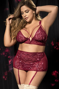 Mapale Plus Size Criss Cross Floral Lace Bra Set in Burgundy  from SexyShoes.com