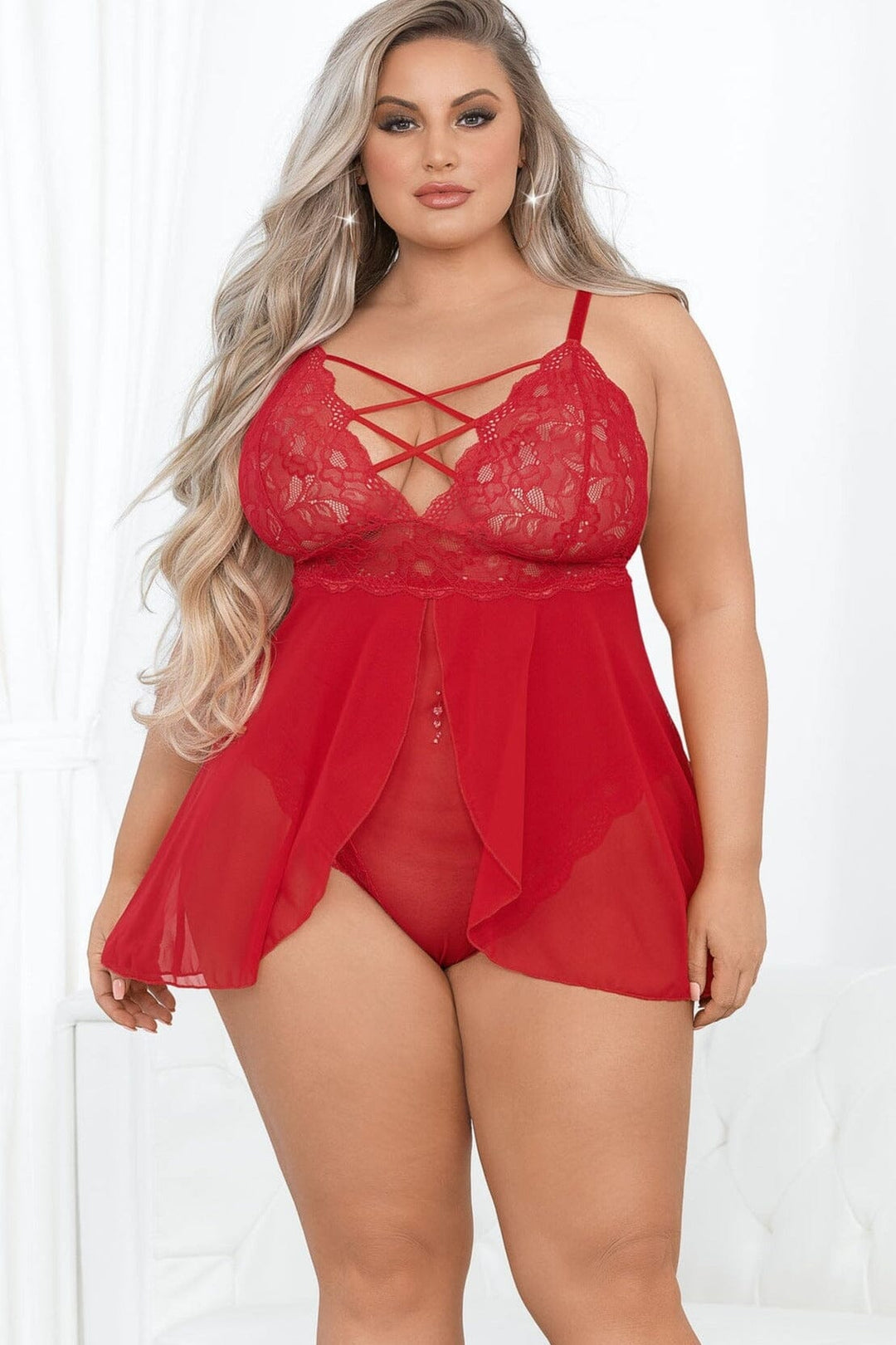 Plus Size Embroidered & Mesh Teddydoll-Teddies-Escante-Red-3X-SEXYSHOES.COM