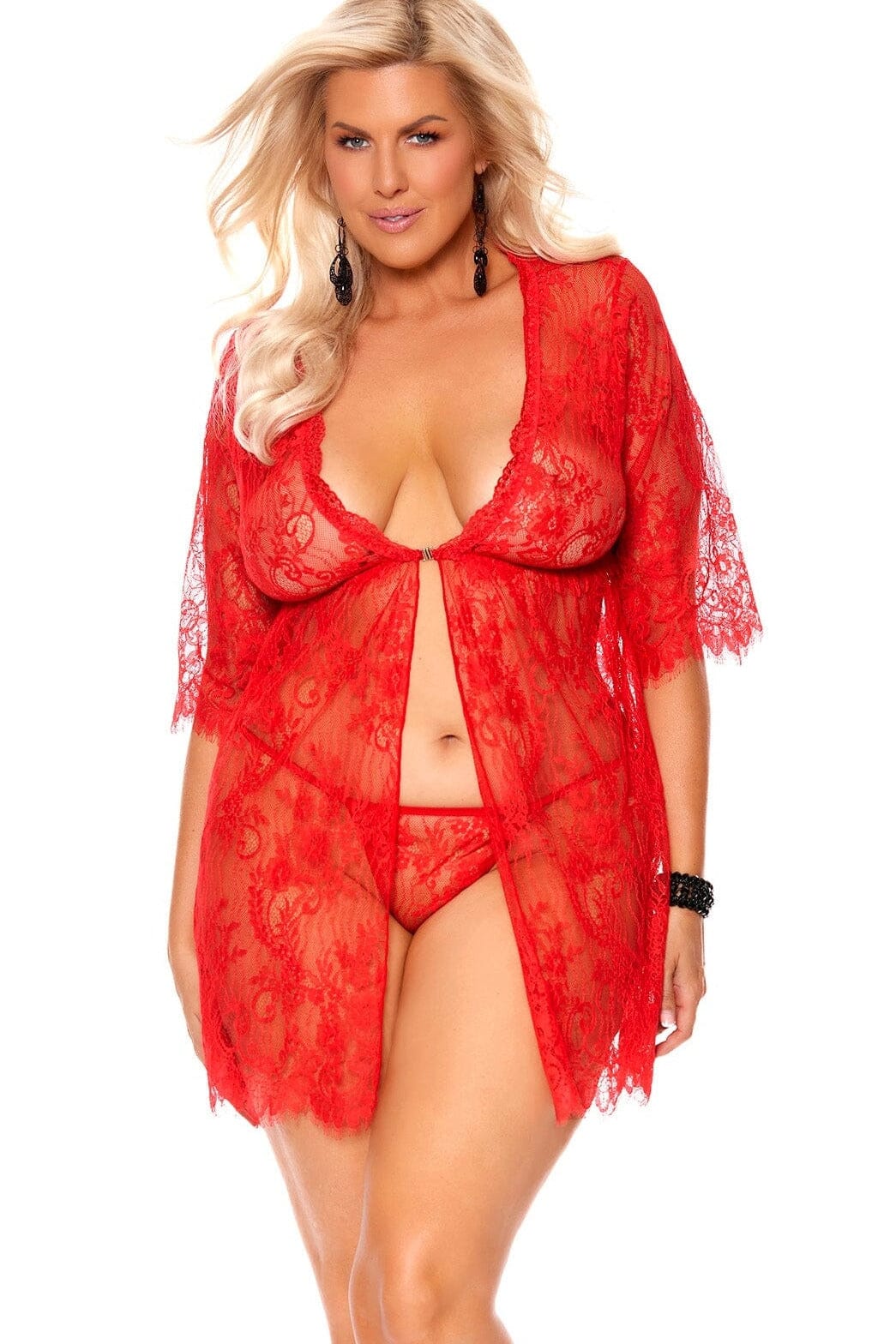 Plus Size Eyelash Lace Babydoll With Front Clip Closure-Babydolls-Elegant Moments-Red-1X-SEXYSHOES.COM