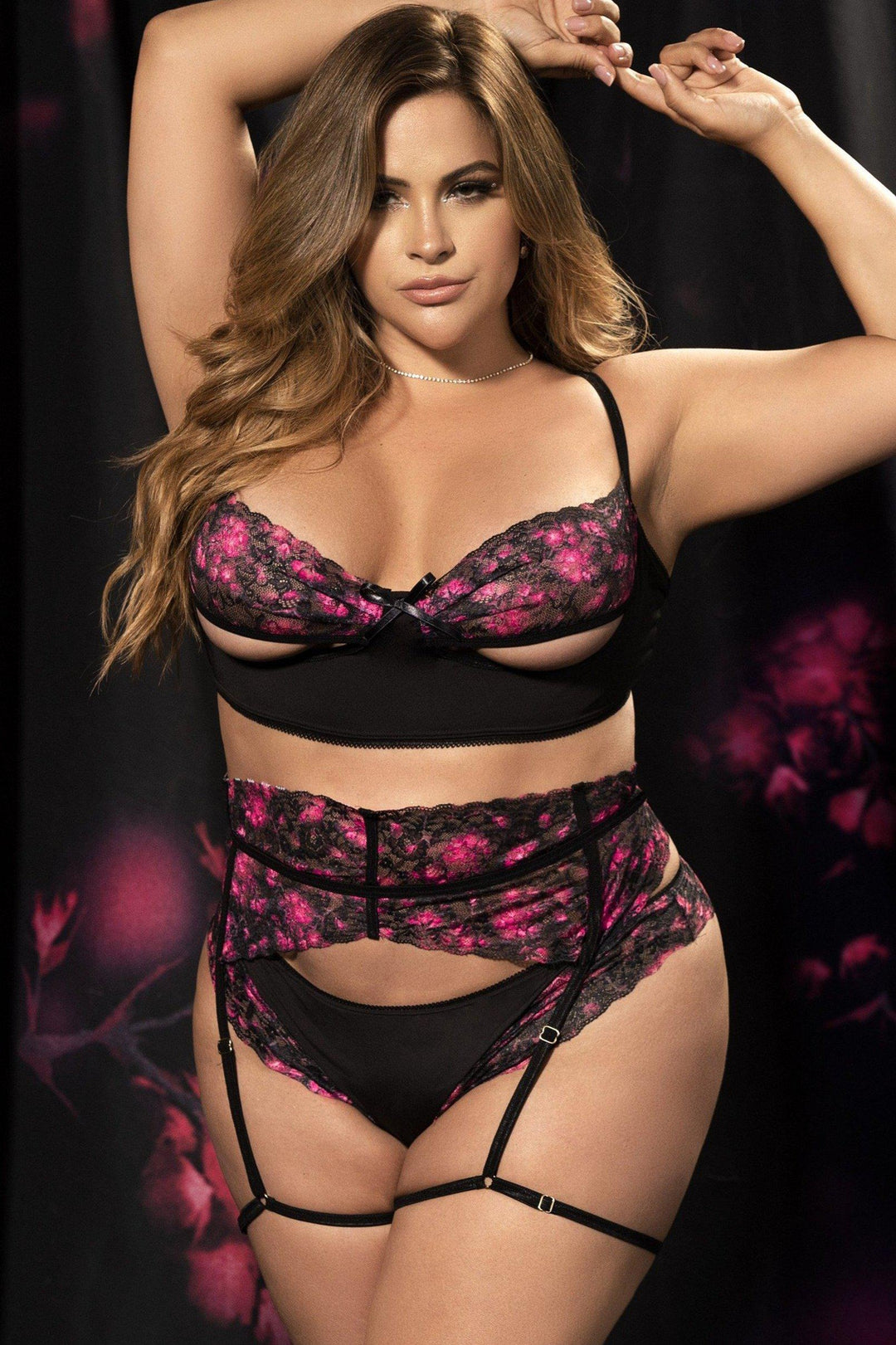 Plus Size Floral Garter Bra Set-Lingerie Sets-Mapale-SEXYSHOES.COM