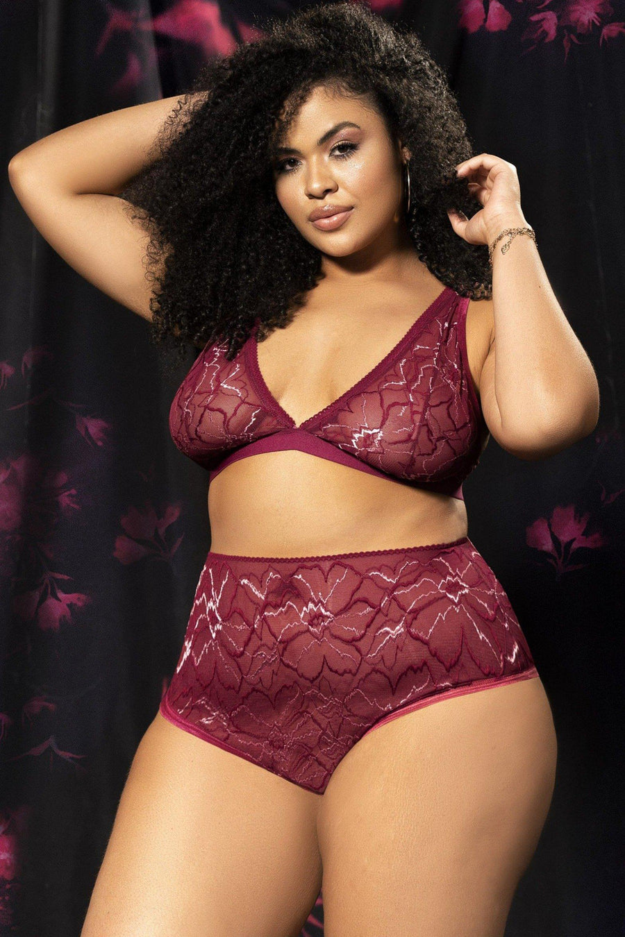 Mapale Plus Size Floral Lace Bra Set in Burgundy  from SexyShoes.com