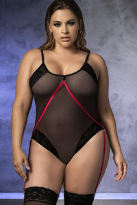 Mapale Plus Size Geometric Lace and Mesh Teddy in Black  from SexyShoes.com