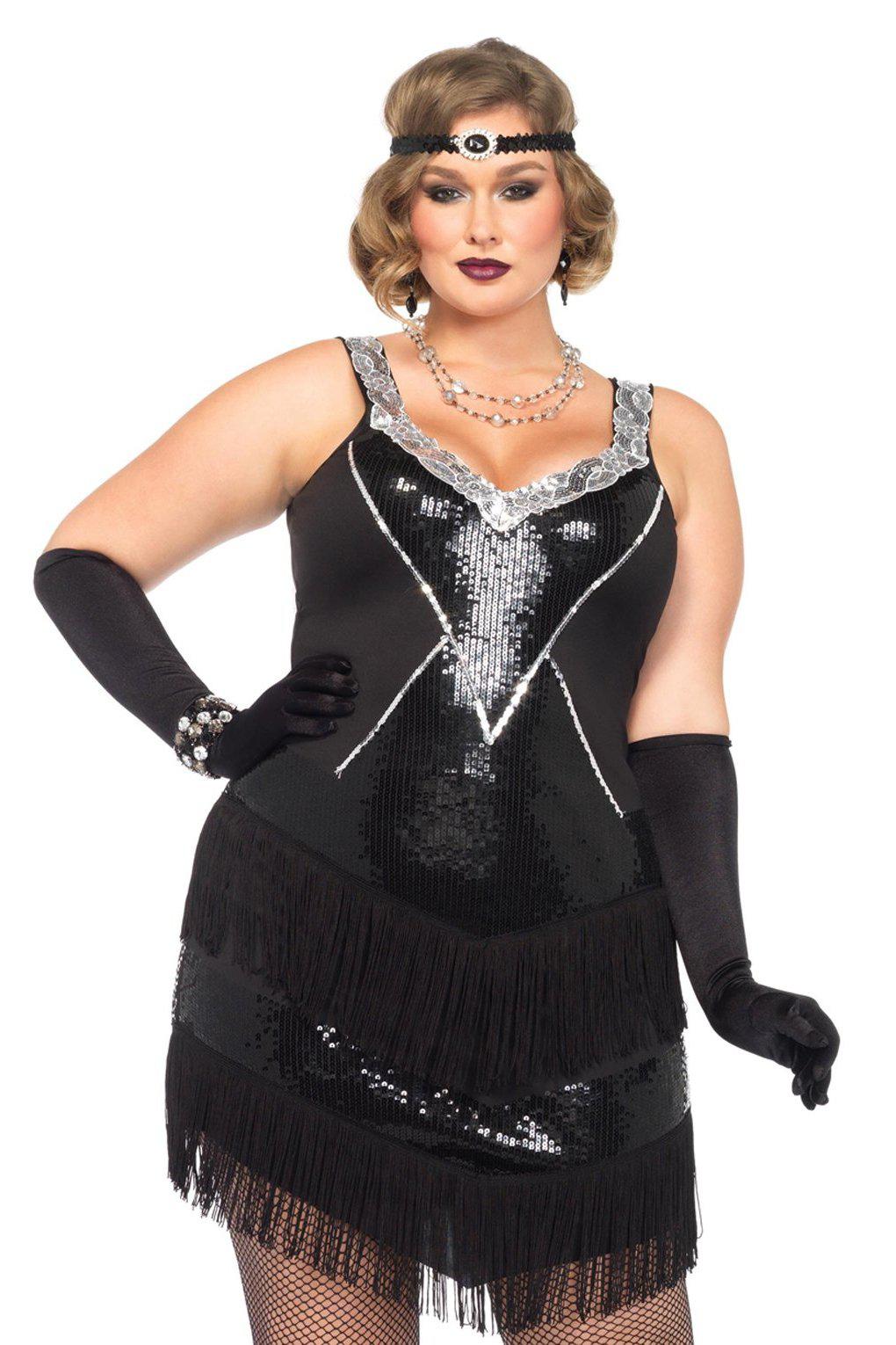 Plus Size Glamour Flapper Costume-Flapper Costumes-Leg Avenue-Black-1/2XL-SEXYSHOES.COM