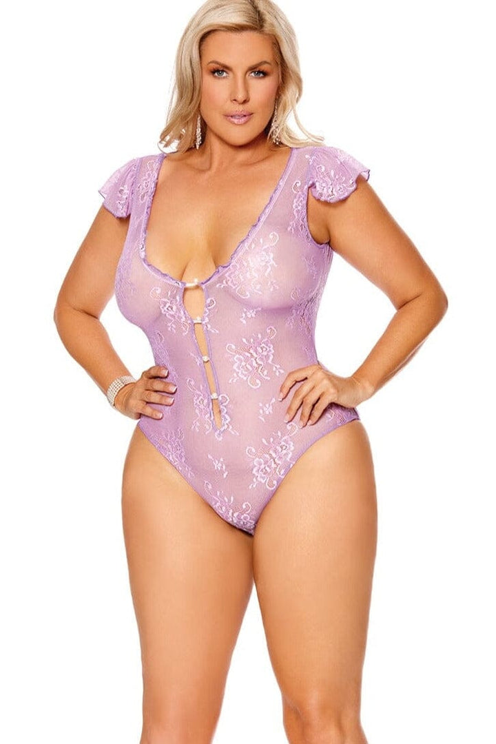 Plus Size Lace Teddy With Pearl Button Closure Detail