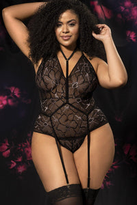 Mapale Plus Size Lace Teddy with Detachable Harness in Black  from SexyShoes.com