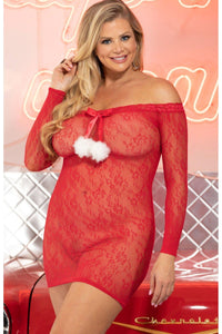 Plus Size Off the Shoulder Chemise-Chemises-Shirley of Hollywood-Red-O/S-SEXYSHOES.COM
