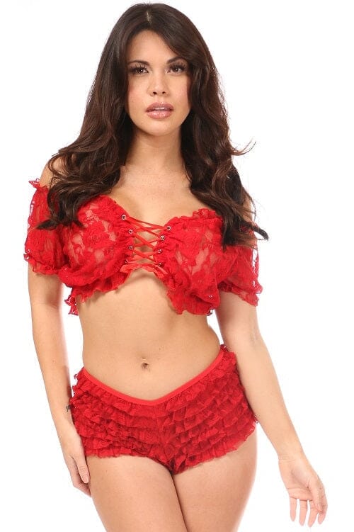 Daisy Corsets Plus Size Red Sheer Lace Up Peasant Top in Red  from SexyShoes.com