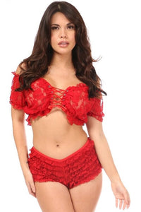 Daisy Corsets Plus Size Red Sheer Lace Up Peasant Top in Red  from SexyShoes.com