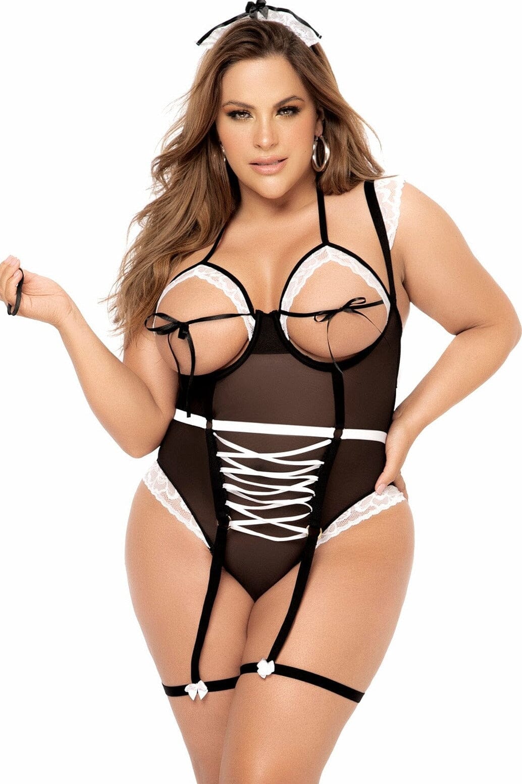 Plus Size Sexy French Maid Costume-Fantasy Lingerie-Mapale-Black-1/2X-SEXYSHOES.COM