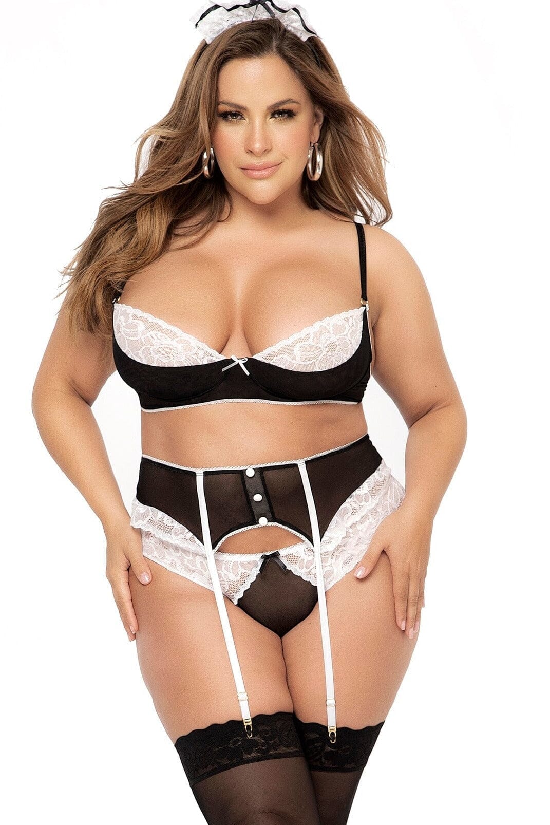 Plus Size Sexy French Maid Costume-Fantasy Lingerie-Mapale-Black-1/2X-SEXYSHOES.COM