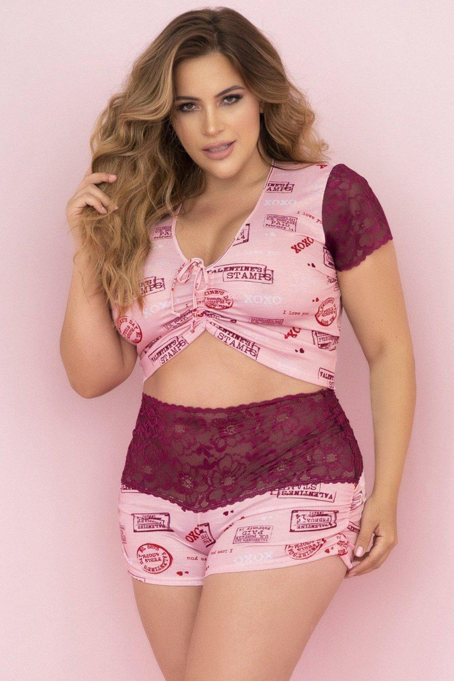 Mapale Plus Size Valentine's Day Print PJ Set in Pink  from SexyShoes.com