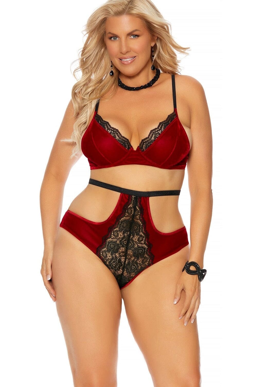 Plus Size Velvet And Lace Set With Underwire Cups-Lingerie Sets-Elegant Moments-Red-1X-SEXYSHOES.COM