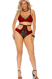Elegant Moments Plus Size Velvet And Lace Set With Underwire Cups in Red 