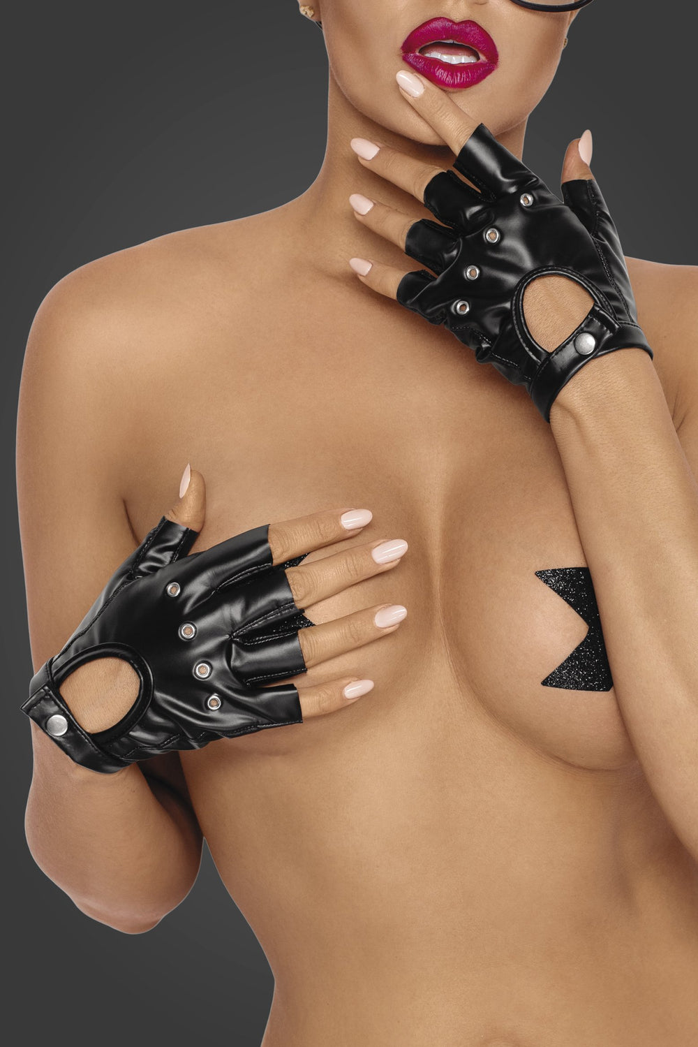 Powerwetlook Fingerless Gloves-Fetish Gloves-Noir Handmade-Black-S-PVC-SEXYSHOES.COM