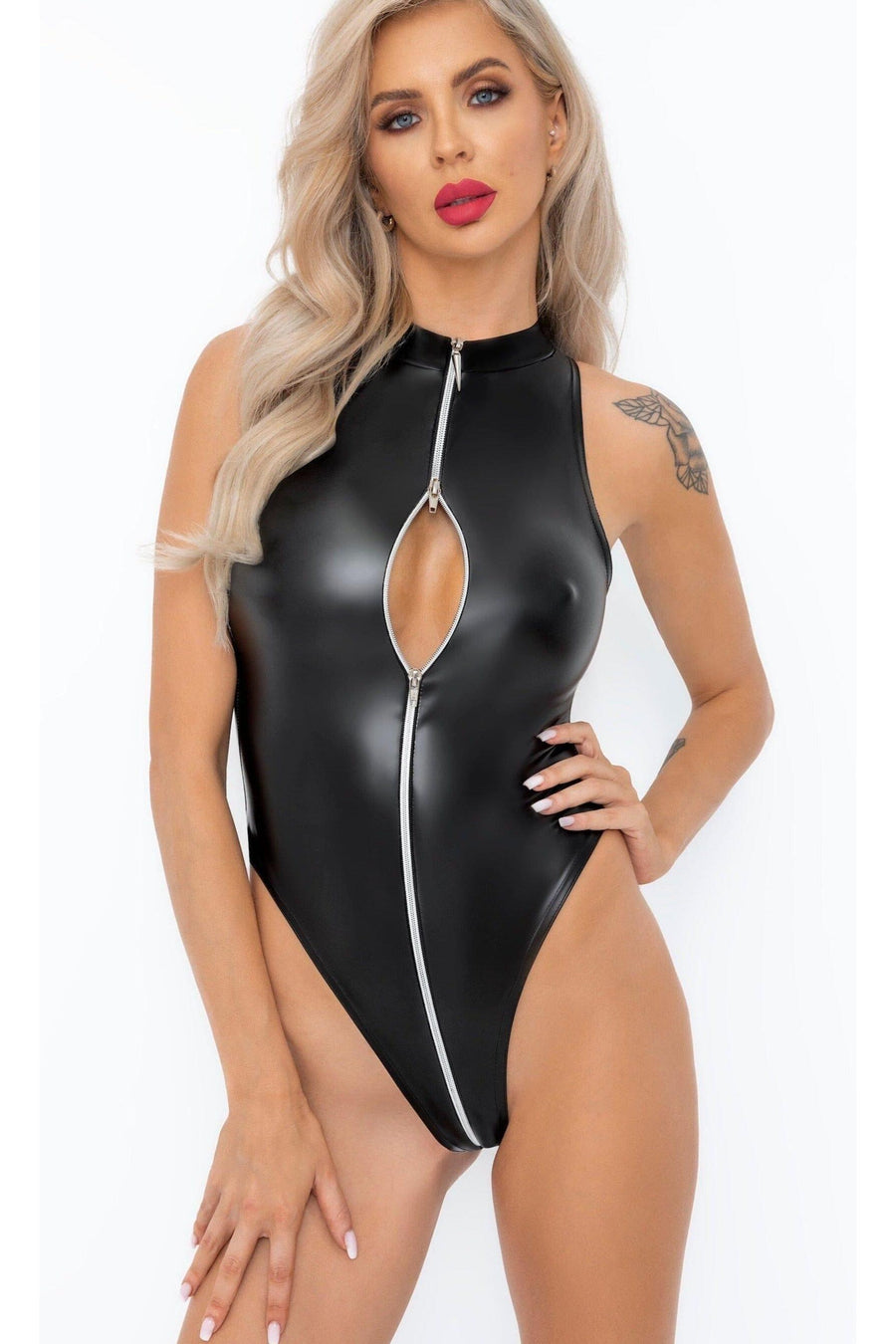 Noir Handmade Powerwetlook bodysuit with front zipper in Black 