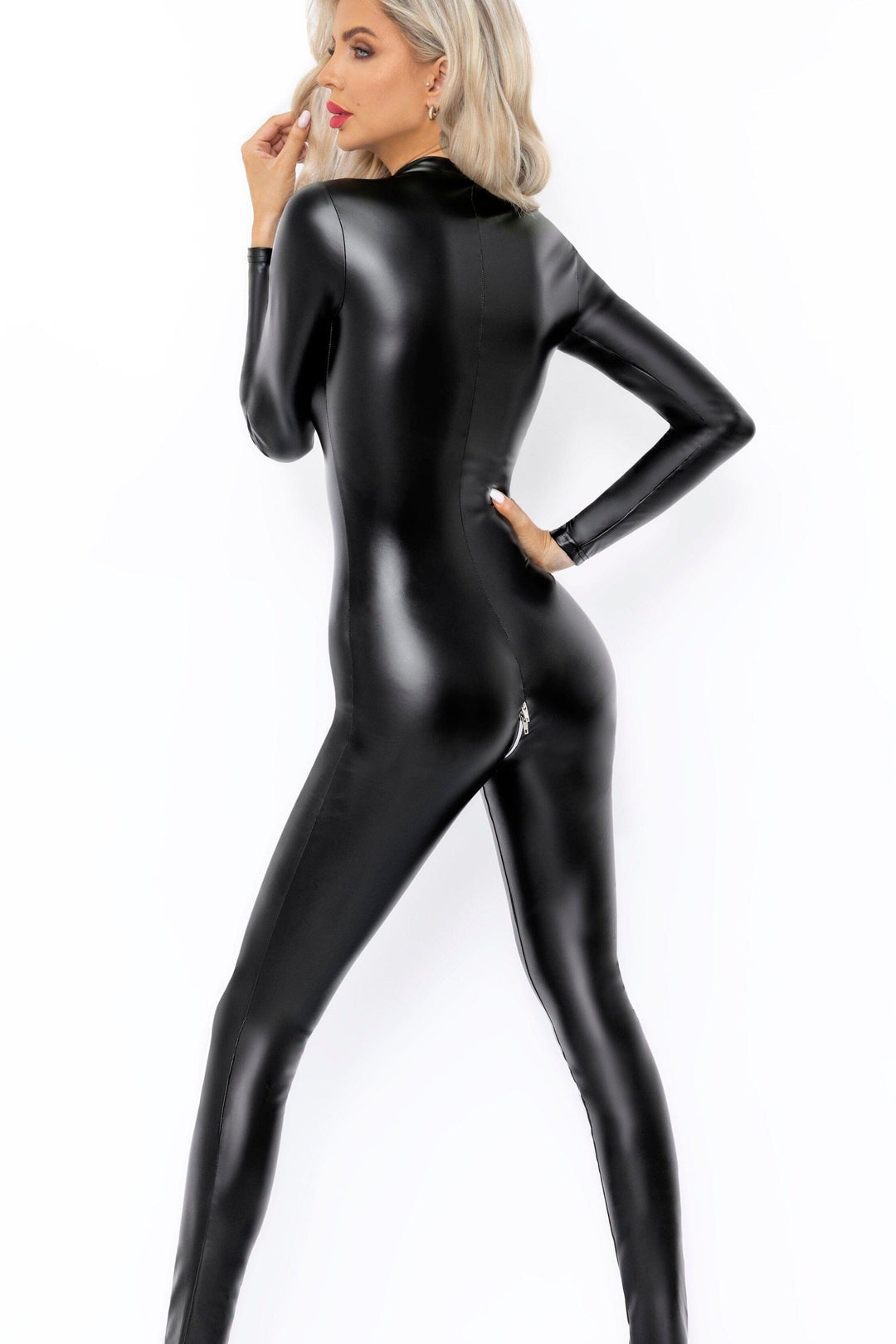 Noir Handmade Powerwetlook catsuit with front zipper in Black 