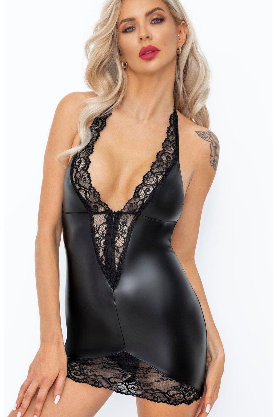 Noir Handmade Powerwetlook mini dress with low back and front zipper in Black 