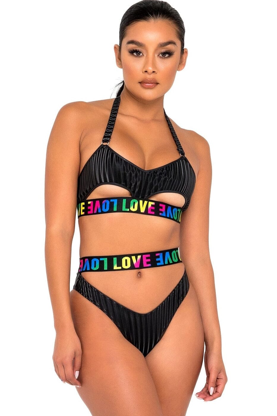 Pride Bikini Top with Underboob Cutout & LOVE Elastic-Halter Tops-Roma Dancewear-Black-L-SEXYSHOES.COM