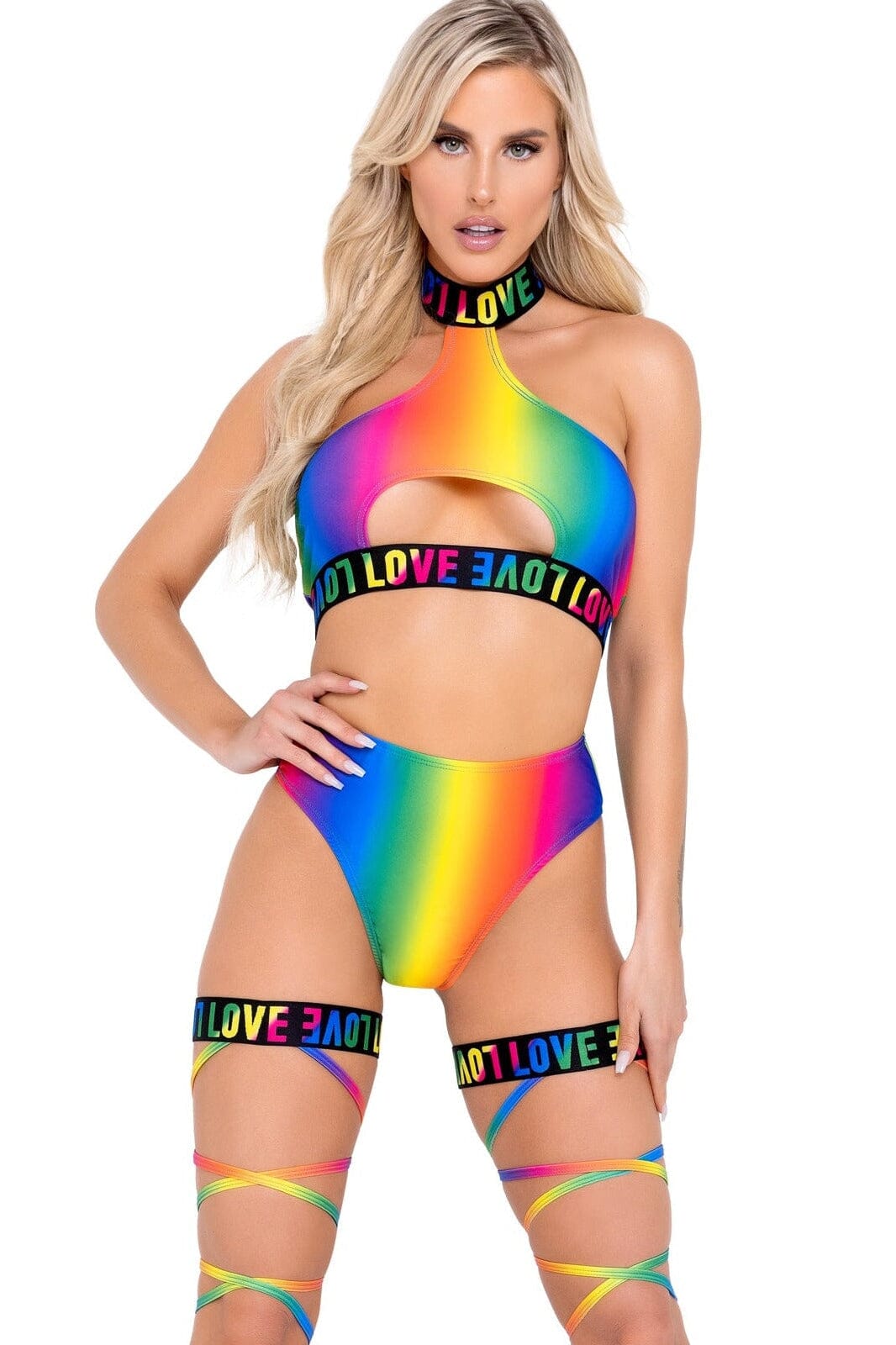 Pride Garter Leg Straps with LOVE Elastic-Strappy Legwear-Roma Dancewear-Rainbow-O/S-SEXYSHOES.COM