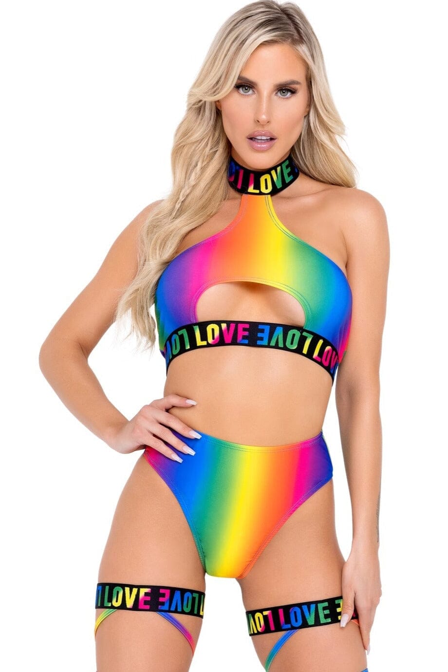 Pride Halter Keyhole Top with LOVE Elastic-Halter Tops-Roma Dancewear-Rainbow-L-SEXYSHOES.COM