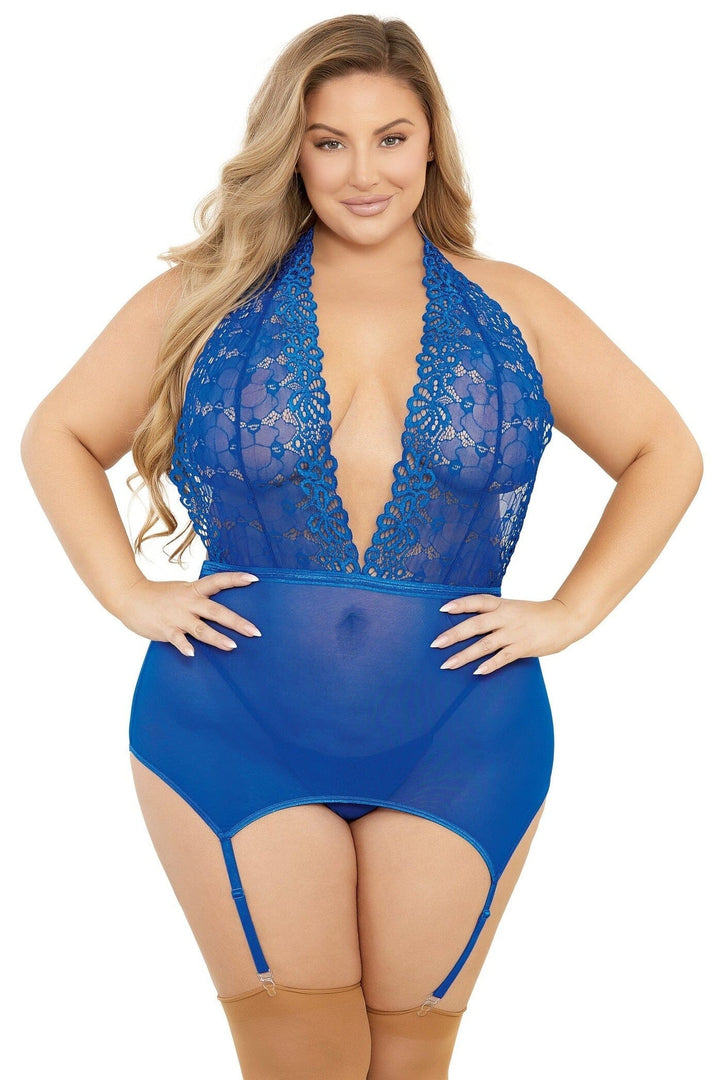 Queen Deep Front Halter Tie Bustier w/Hose-Bodysuits-Escante-Blue-1/2XL-SEXYSHOES.COM