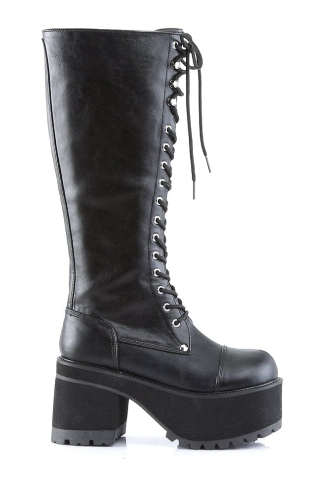 Demonia RANGER-302 Black Vegan Leather Knee Boot in Black Vegan Leather