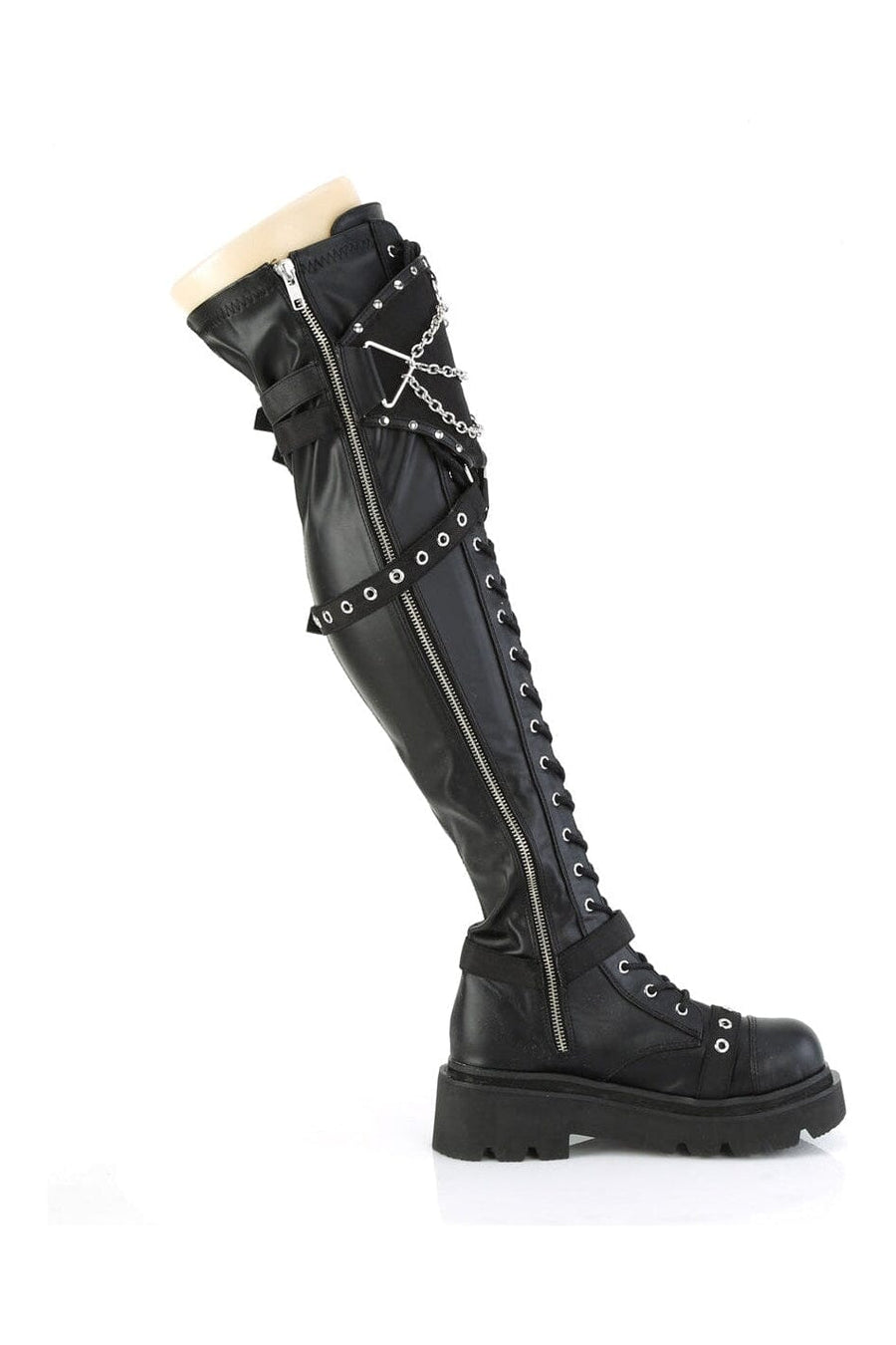 Demonia RENEGADE-320 Black Vegan Leather Knee Boot in Black Vegan Leather