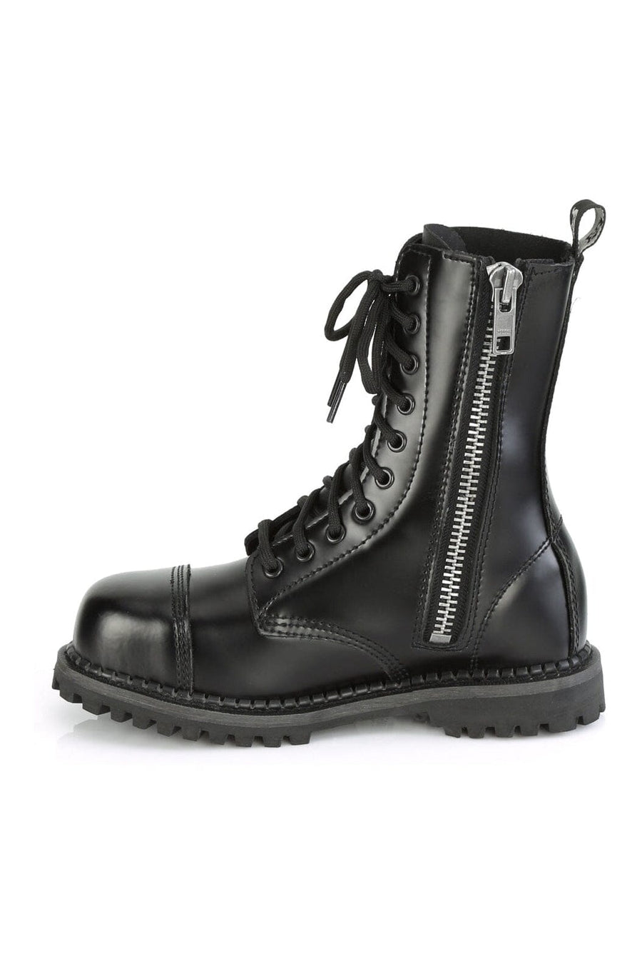 Demonia RIOT-10 Black Leather Ankle Boot in Black Leather