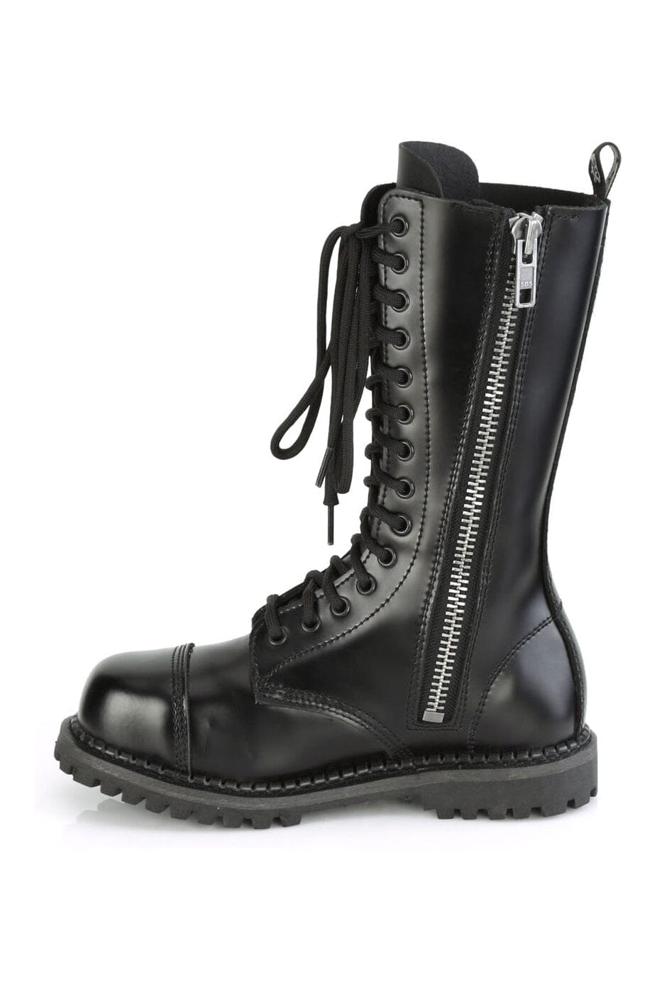 Demonia RIOT-14 Black Leather Knee Boot in Black Leather