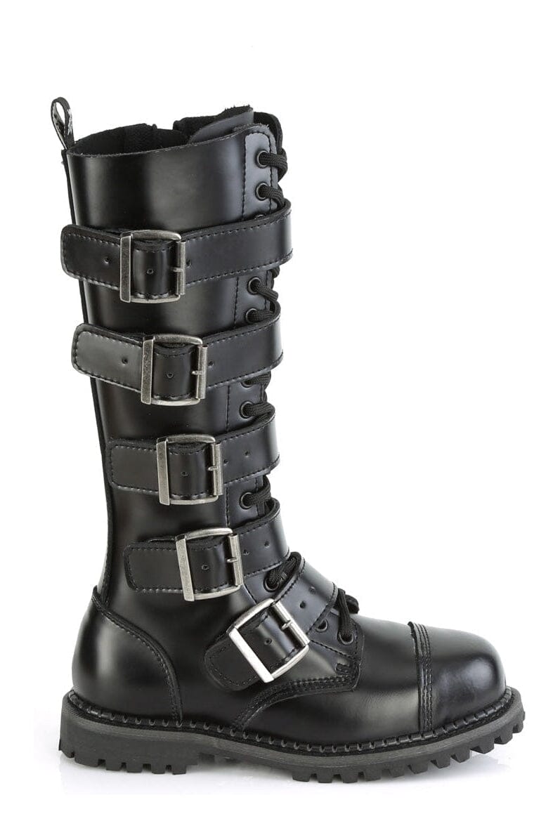 Demonia RIOT-18BK Black Leather Knee Boot in Black Leather