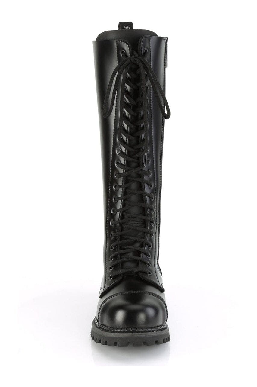 Demonia RIOT-20 Black Leather Knee Boot in Black Leather