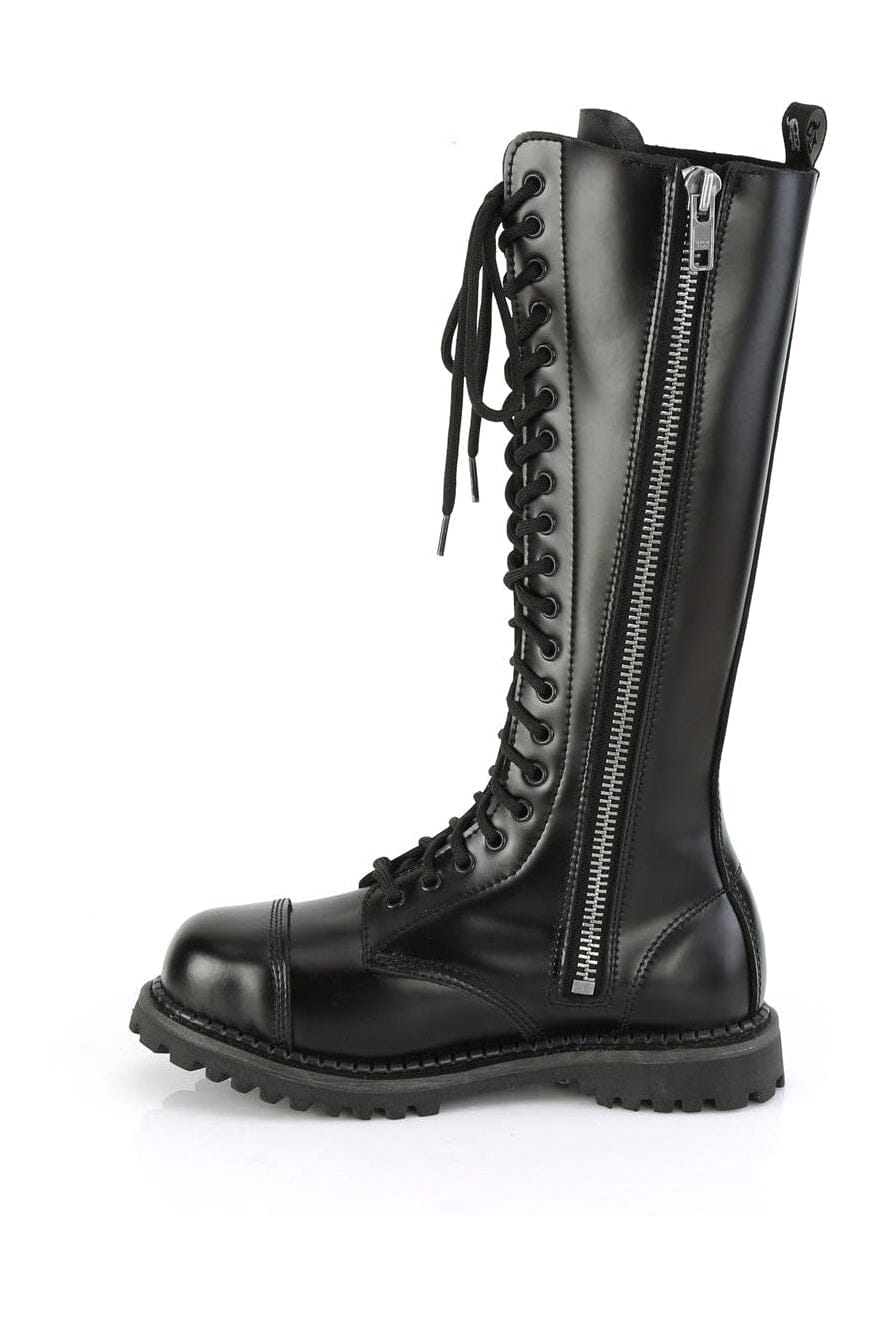 Demonia RIOT-20 Black Leather Knee Boot in Black Leather