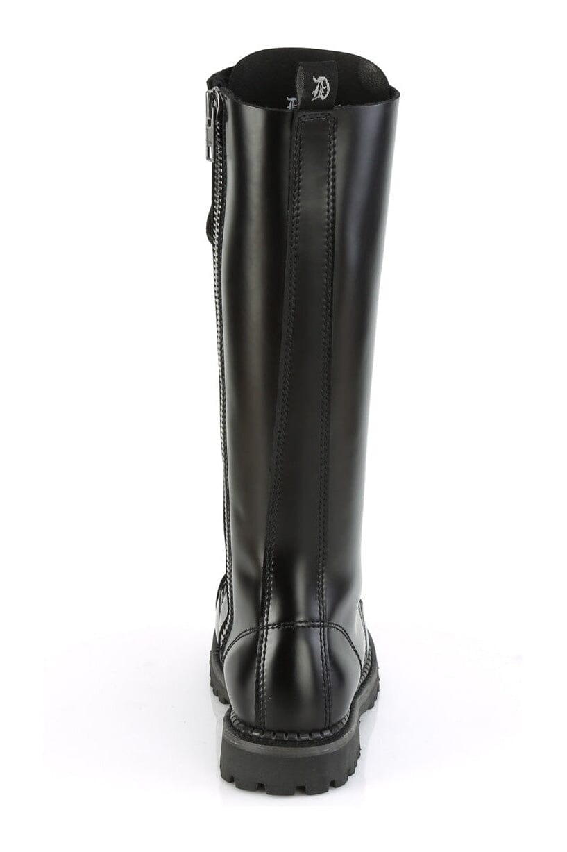 Demonia RIOT-20 Black Leather Knee Boot in Black Leather