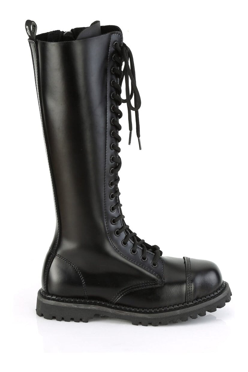 Demonia RIOT-20 Black Leather Knee Boot in Black Leather