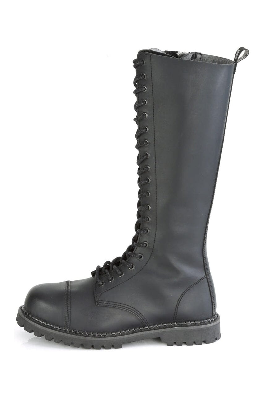Demonia RIOT-20 Black Vegan Leather Knee Boot in Black Vegan Leather